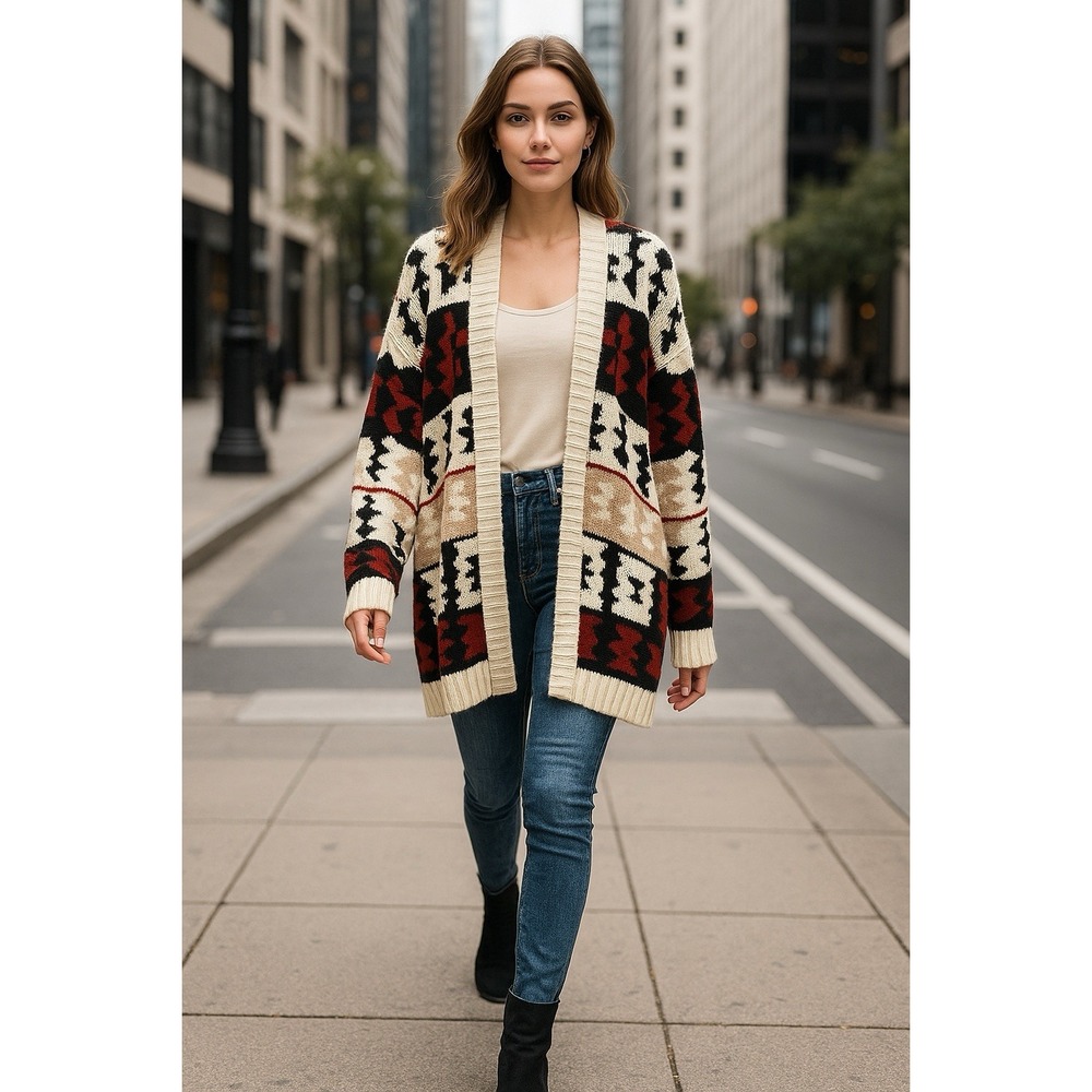 Open-Front Cream and Red Patterned Knit Cardigan Sweater